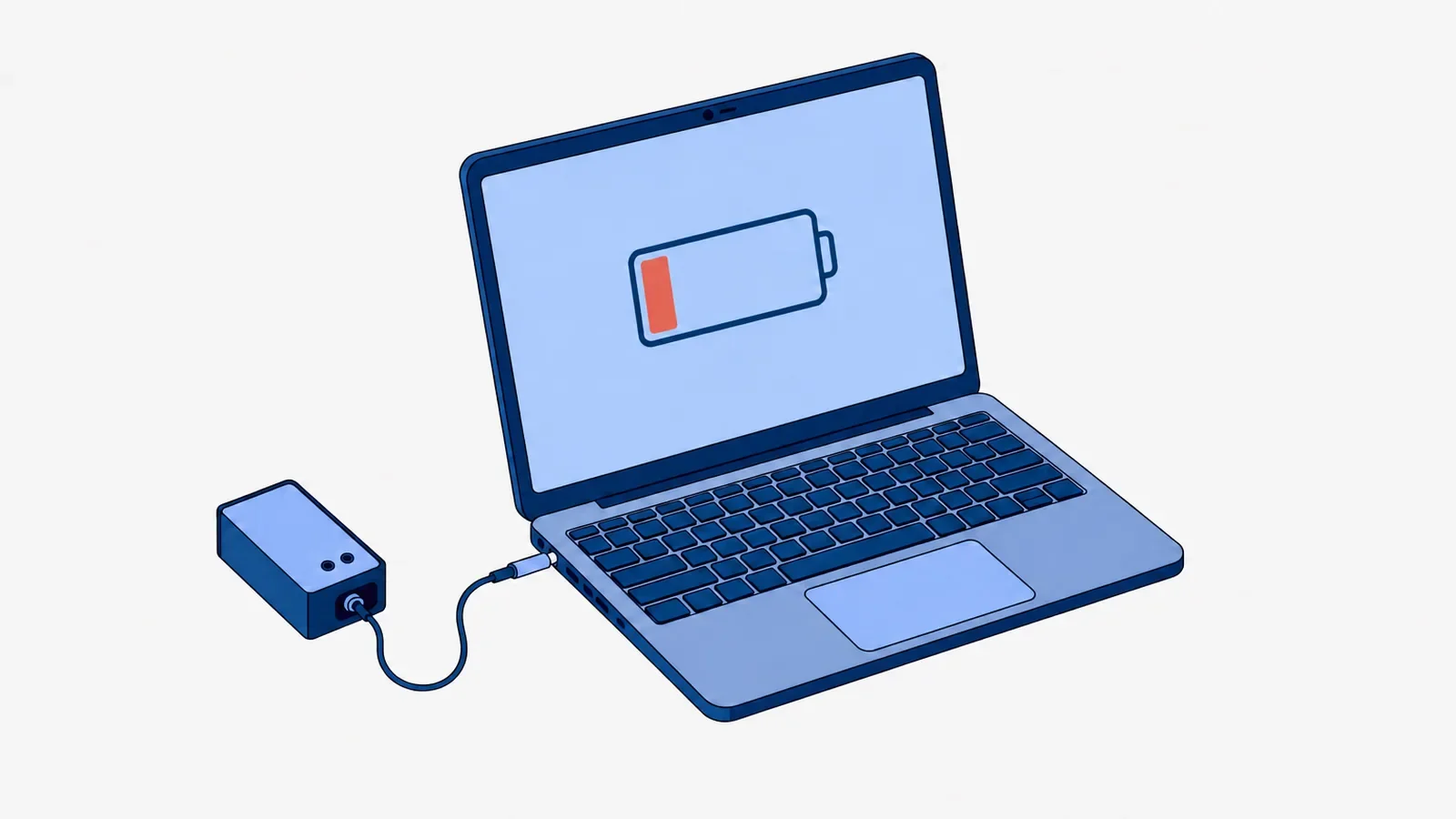 Otwarty laptop podłączony kablem do zasilacza, na ekranie duża ikona baterii z wąskim koralowym paskiem naładowania przy lewej krawędzi