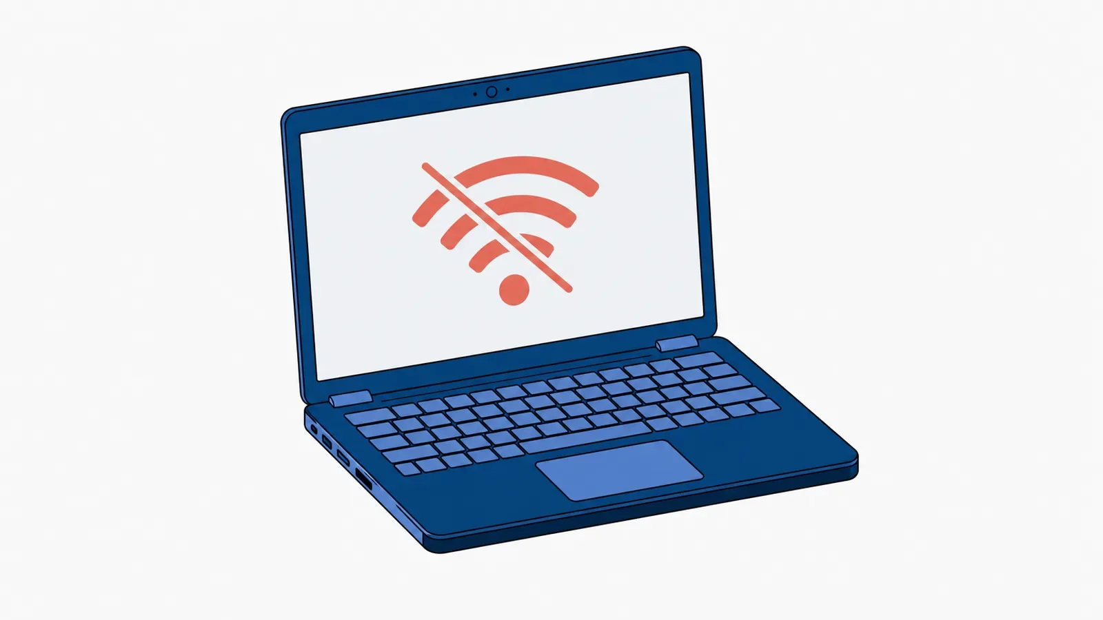 Otwarty laptop, na ekranie duża koralowa ikona WiFi przekreślona ukośną linią