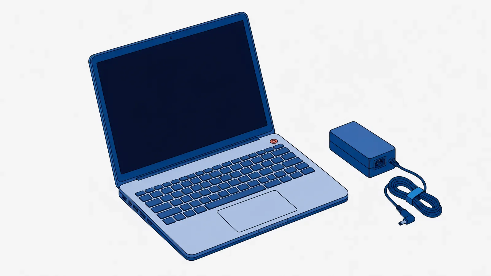 Otwarty laptop z całkowicie czarnym ekranem i wyróżnionym okrągłym przyciskiem zasilania, obok leży zasilacz ze zwiniętym, niepodłączonym kablem