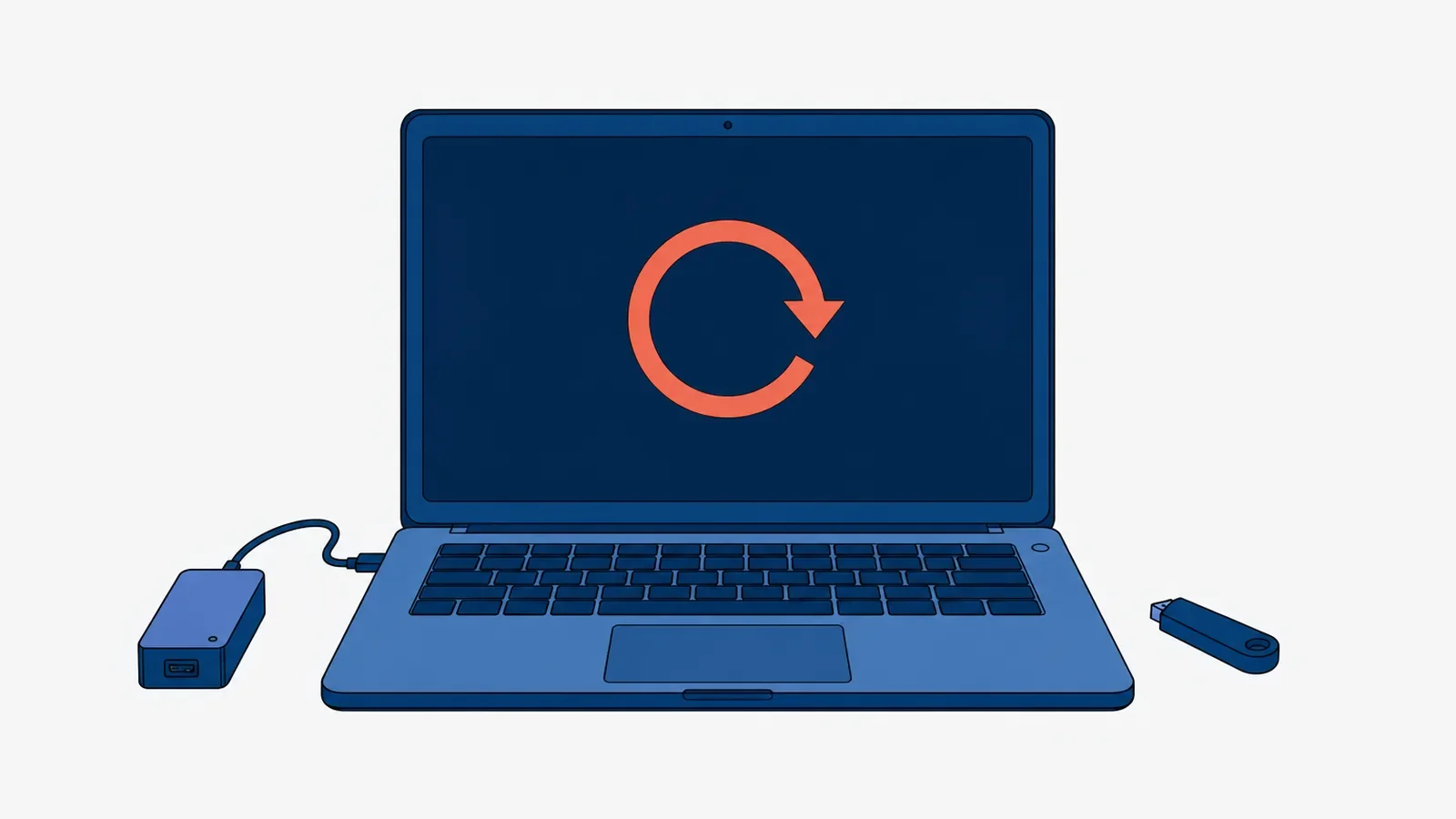 Otwarty laptop z ciemnym ekranem, na którym widać dużą koralową strzałkę zataczającą koło, po lewej podłączony zasilacz, po prawej pendrive