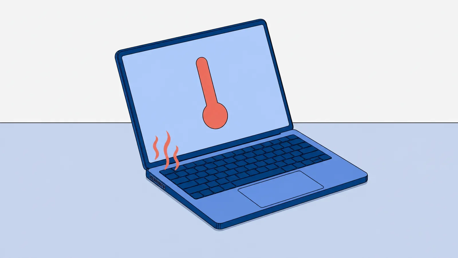 Otwarty laptop na biurku, na ekranie koralowy termometr, a nad klawiaturą przy zawiasie unoszą się koralowe faliste linie ciepła