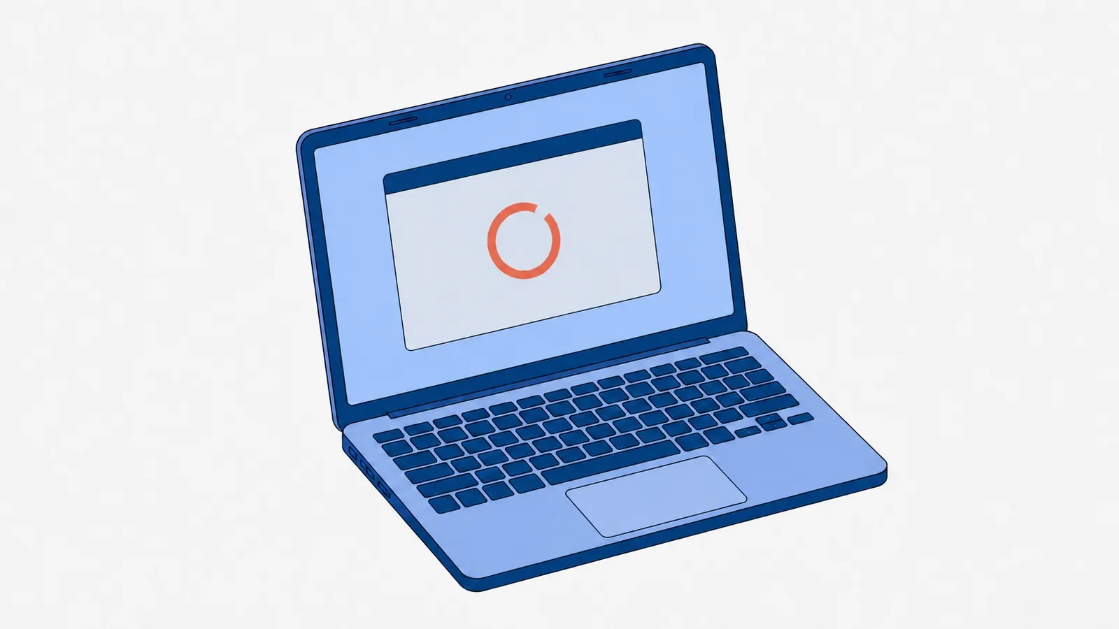 Otwarty laptop, na ekranie jasne okno programu z granatowym paskiem u góry, a pośrodku okna koralowe kółko ładowania