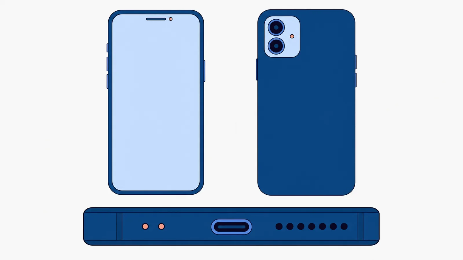 Przód, tył i dolna krawędź smartfona z zaznaczonymi otworami mikrofonów: przy szczelinie głośnika rozmów, przy aparacie z tyłu i dwa obok gniazda USB-C na dole