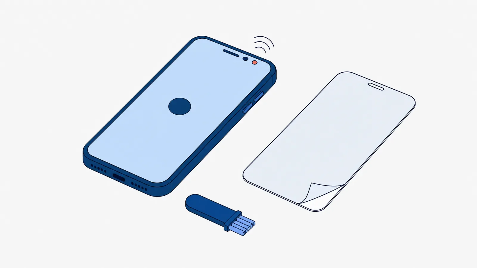 Smartfon leżący ekranem do góry z wyróżnionym okienkiem czujnika obok przedniego aparatu i łukami sygnału nad nim, obok zdjęte szkło ochronne i mała szczoteczka
