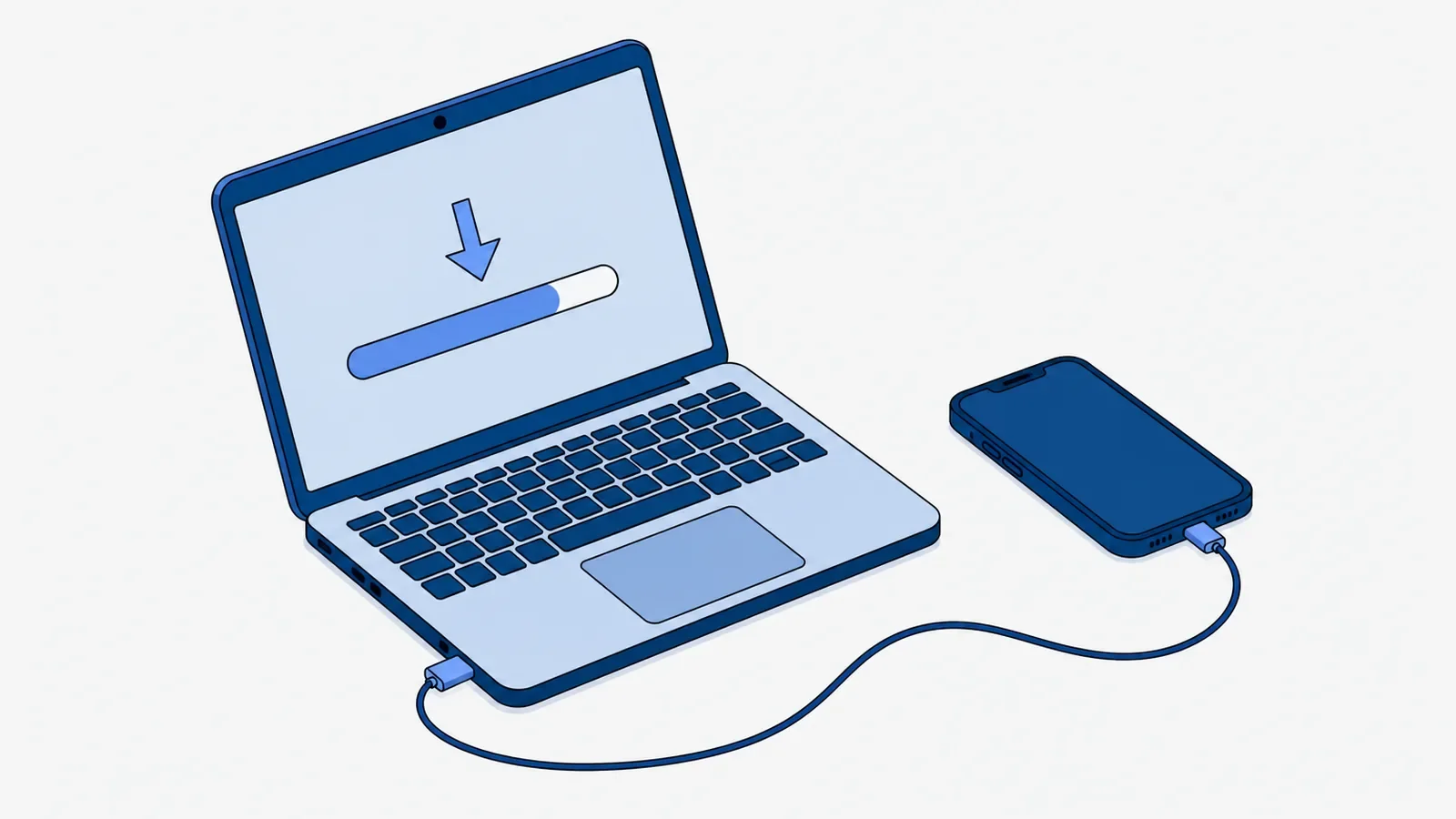 Otwarty laptop ze strzałką pobierania i paskiem postępu na ekranie, połączony kablem USB ze smartfonem z ciemnym ekranem leżącym obok