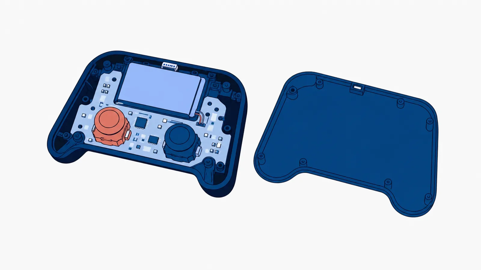 Rozkręcony pad leżący przodem do dołu: na płytce akumulator i dwa moduły analogowe, lewy wyróżniony jako uszkodzony; obok zdjęta tylna część obudowy