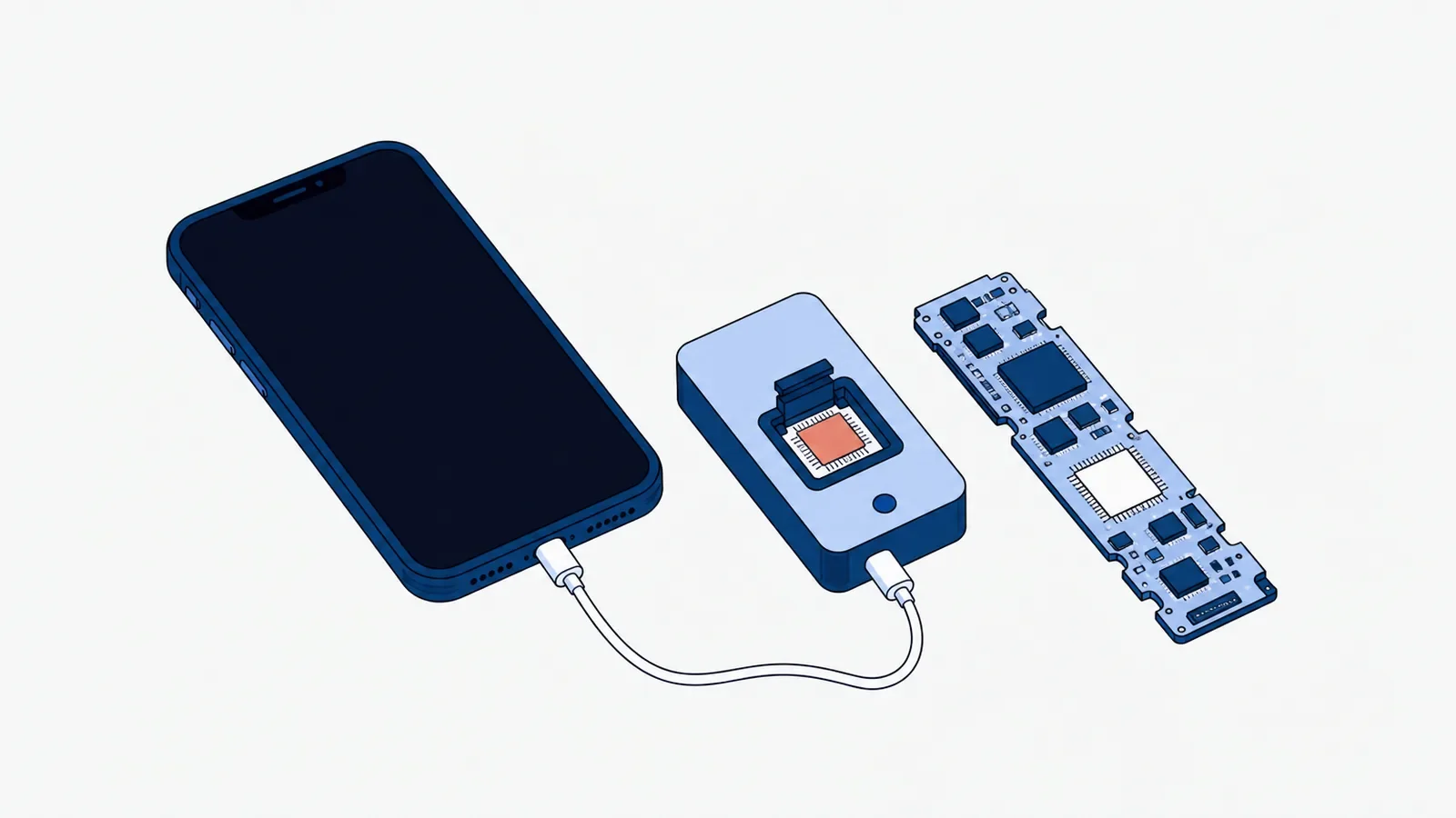 Smartfon z czarnym ekranem podłączony kablem do programatora z koralową kością pamięci w gnieździe, obok wyjęta płyta główna z pustym miejscem po kości