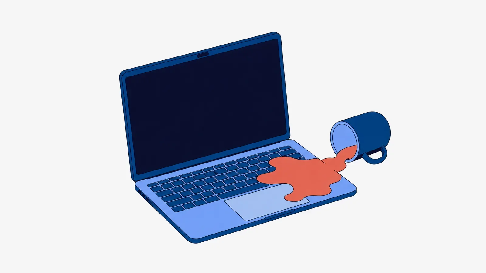 Otwarty laptop z wyłączonym ekranem, obok przewrócony kubek, z którego napój rozlał się na prawą część klawiatury i palmrest