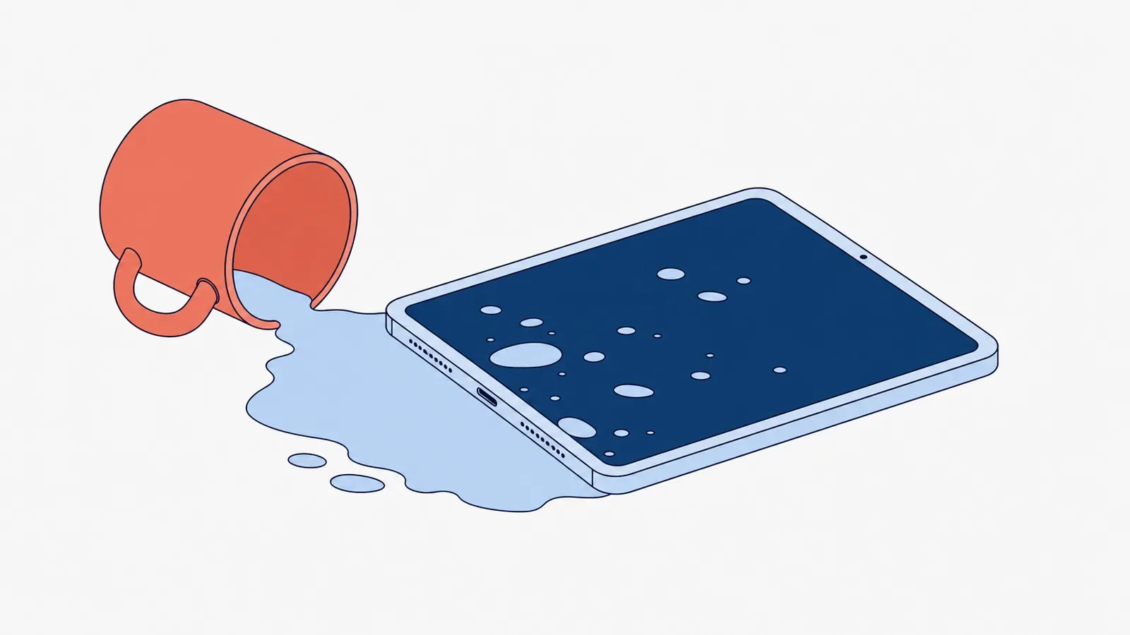 Tablet z kroplami na ciemnym ekranie leżący krawędzią z gniazdem w kałuży płynu wylanego z przewróconego kubka