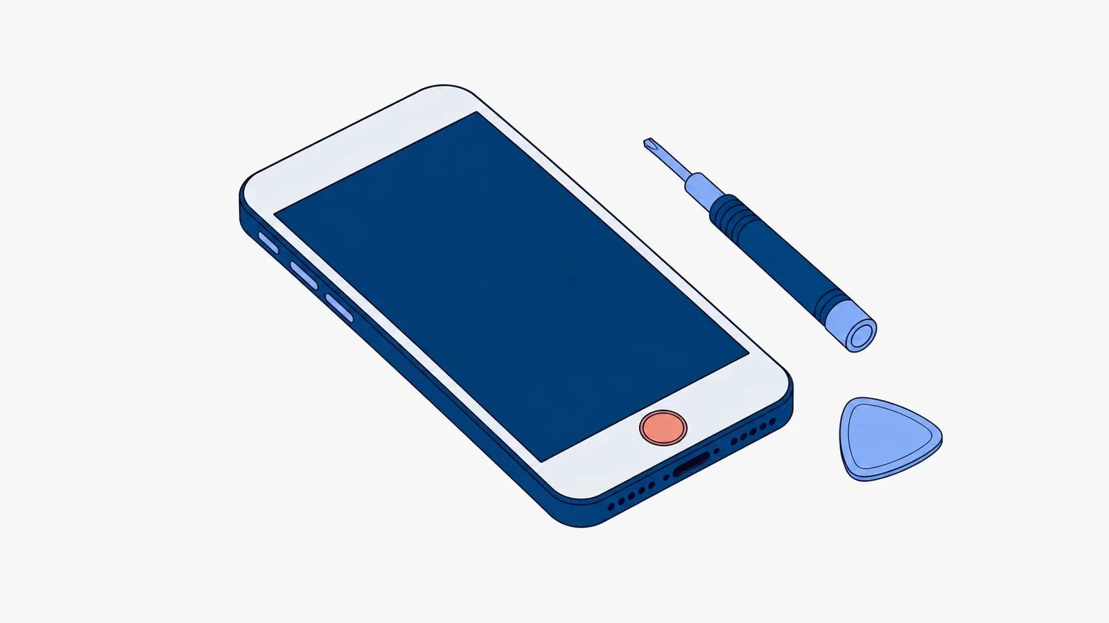 Smartfon z przyciskiem Home pod ekranem zaznaczonym na koralowo, obok śrubokręt precyzyjny i plastikowa kostka do otwierania obudowy