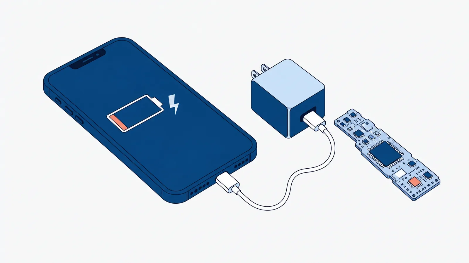 Smartfon z niemal pustą ikoną baterii i symbolem błyskawicy na ekranie, podłączony kablem do ładowarki sieciowej, obok wyjęta płyta główna z jednym małym układem zaznaczonym na koralowo