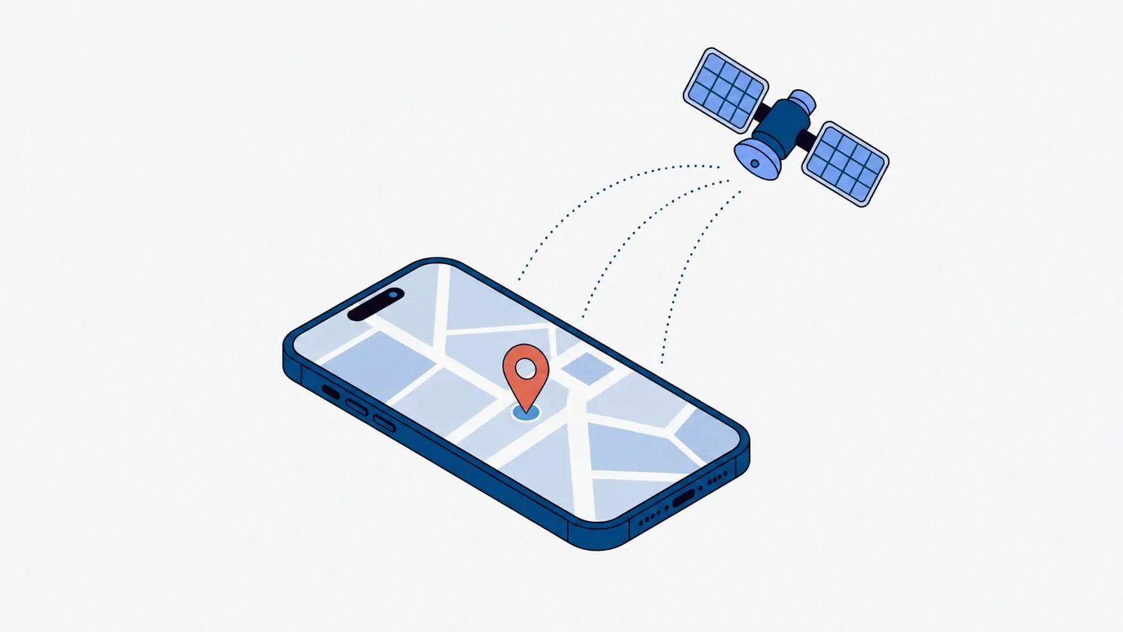 Smartfon leżący ekranem do góry z prostą mapą i koralową pinezką lokalizacji, nad nim satelita, od którego do telefonu biegną trzy kropkowane łuki sygnału