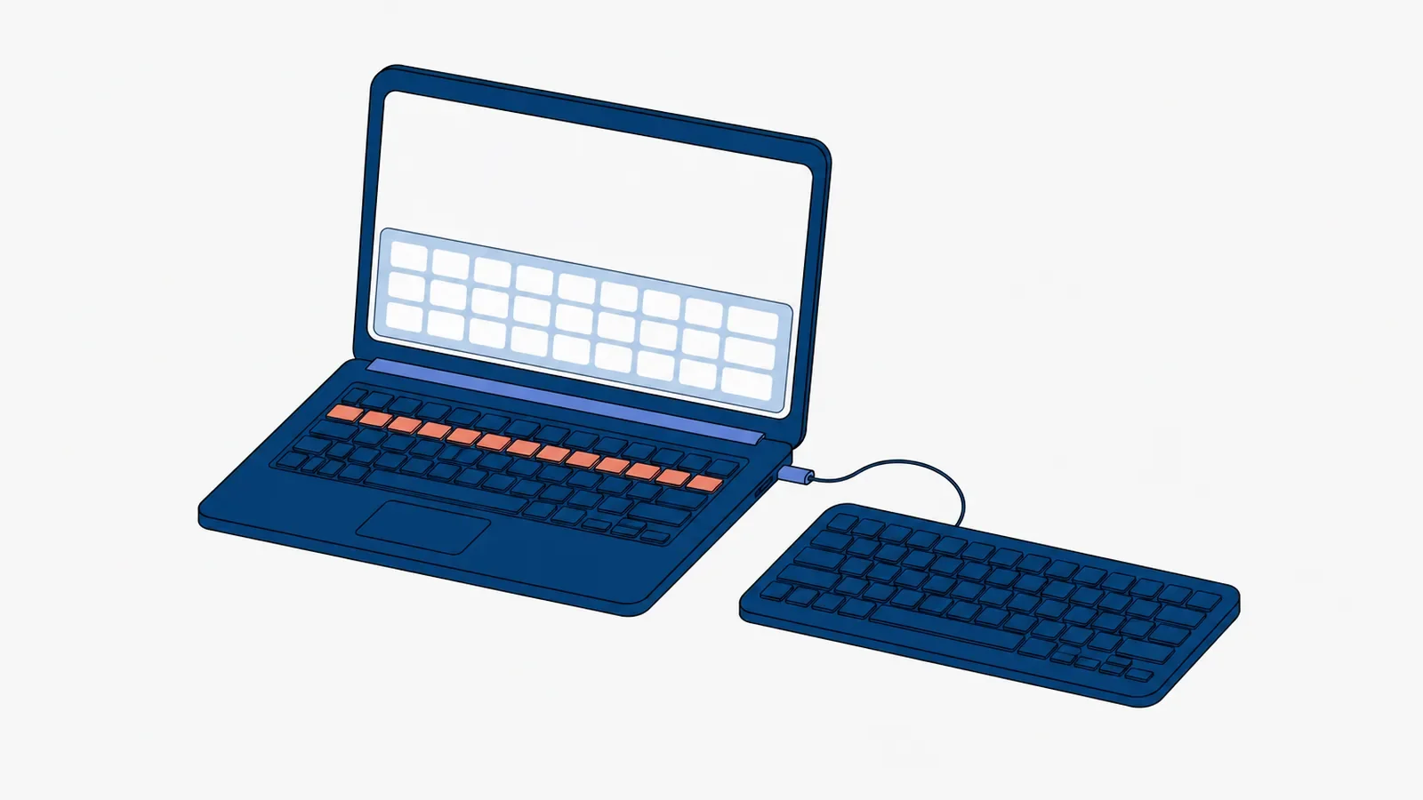 Otwarty laptop z jednym rzędem klawiszy wyróżnionym koralem, na ekranie klawiatura ekranowa, obok zewnętrzna klawiatura podłączona kablem do boku laptopa