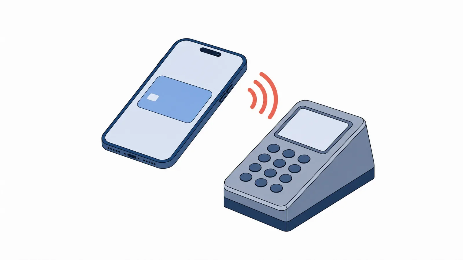 Smartfon z kartą płatniczą na ekranie przechylony nad terminalem płatniczym z klawiaturą, między górą telefonu a terminalem trzy koralowe łuki fal