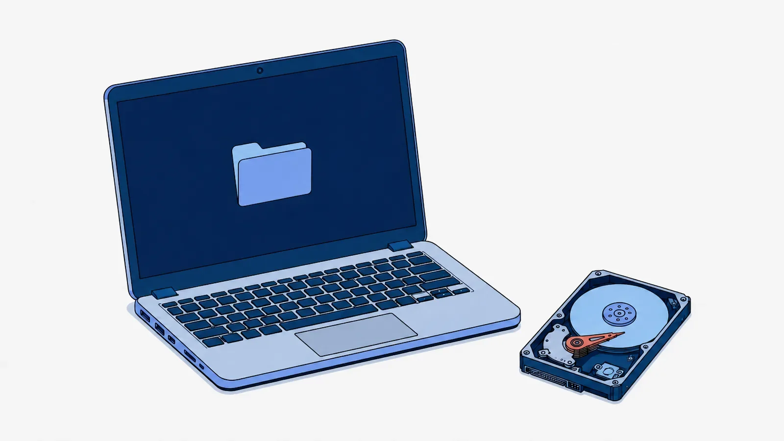 Otwarty laptop z ikoną folderu na ekranie, obok dysk twardy 2,5 cala bez pokrywy z ramieniem głowicy wyróżnionym koralem
