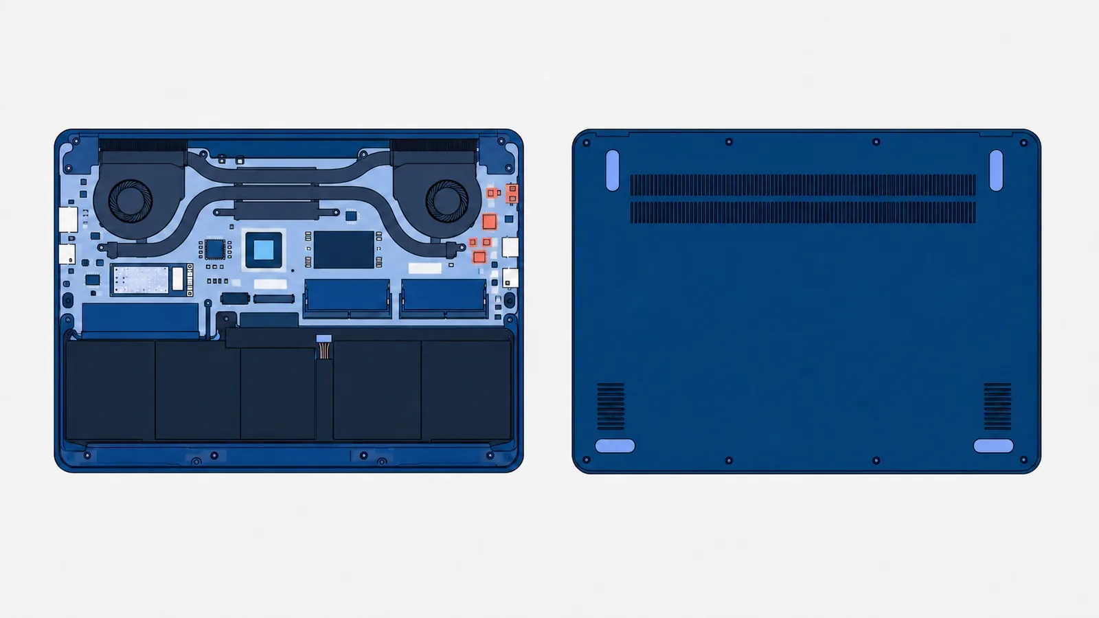Laptop od spodu: po lewej korpus bez dolnej pokrywy z płytą główną, dwoma wentylatorami i baterią, przy złączach na prawej krawędzi płyty wyróżnione spalone elementy sekcji zasilania; po prawej zdjęta dolna pokrywa tej samej wielkości
