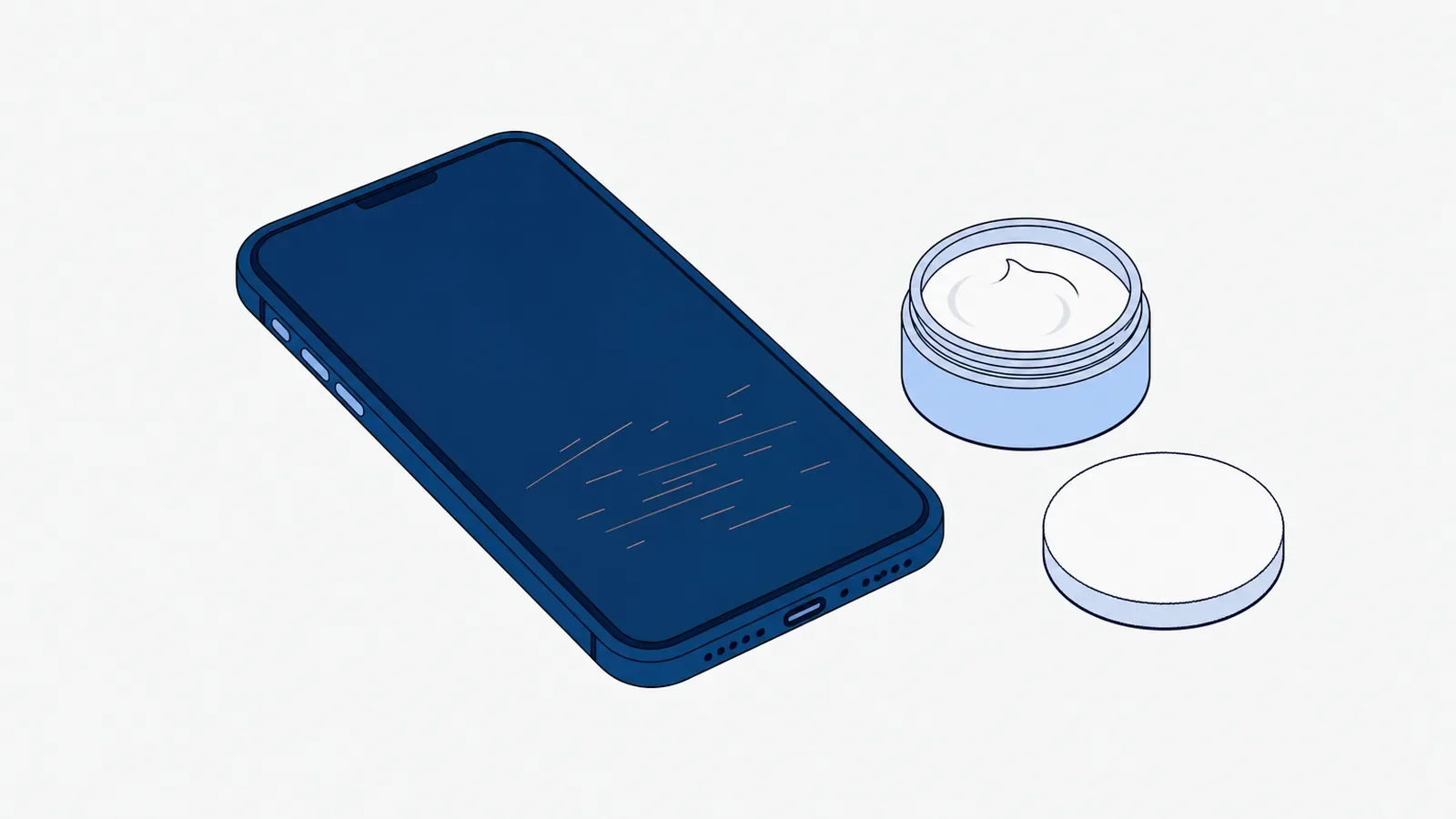 Smartfon z kilkoma drobnymi rysami na wyłączonym ekranie, obok otwarty słoiczek pasty polerskiej i okrągły filcowy pad