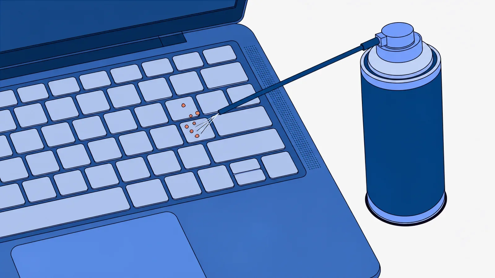 Prawa część klawiatury laptopa z bliska: rurka puszki ze sprężonym powietrzem, stojącej obok laptopa, celuje w szczelinę między klawiszami, z której wylatują koralowe okruchy