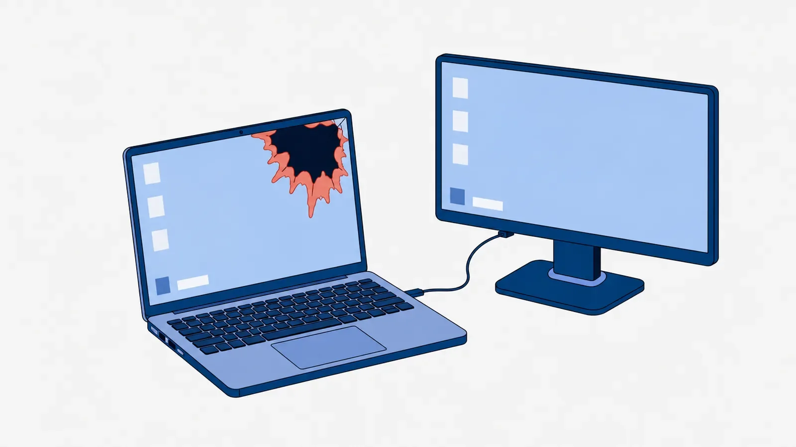 Otwarty laptop z ciemną plamą o koralowym, poszarpanym brzegu w prawej górnej części ekranu, połączony kablem z zewnętrznym monitorem, który pokazuje ten sam pulpit bez plamy