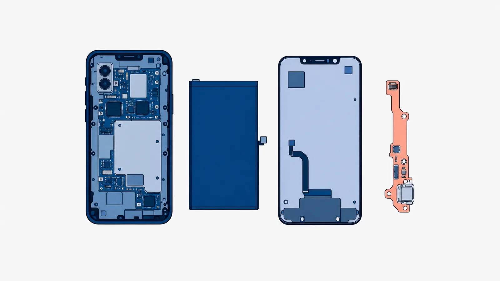 Rozłożony smartfon: obudowa z płytą główną, bateria, wyświetlacz i taśma z gniazdem ładowania wyróżniona jako uszkodzona część