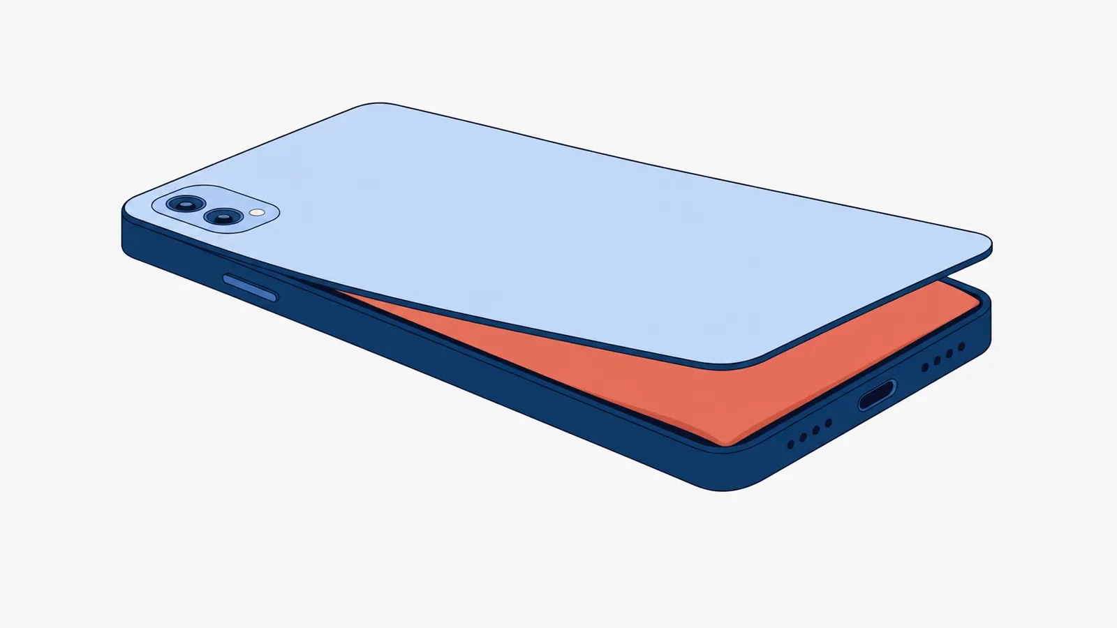 Smartfon leżący ekranem w dół: spuchnięta koralowa bateria unosi szklane plecki, które odstają od ramki przy dolnej krawędzi