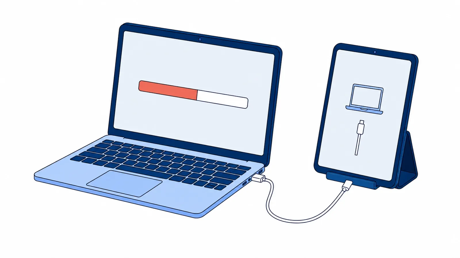 Tablet podłączony kablem USB do laptopa, na ekranie tabletu ikona laptopa i wtyczki, na laptopie koralowy pasek postępu