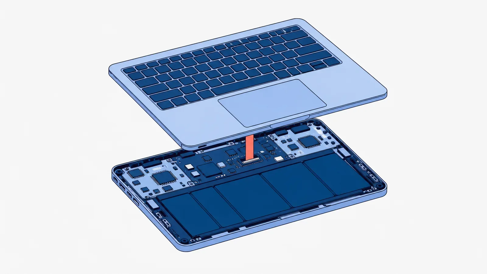 Rozłożony laptop: górna część obudowy z klawiaturą i gładzikiem uniesiona nad dolną częścią z płytą główną i baterią, połączone koralową taśmą klawiatury