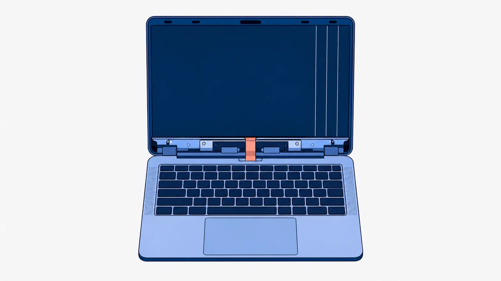 Otwarty laptop z ciemnym ekranem i trzema jasnymi pionowymi paskami po prawej, z odsłoniętą dolną krawędzią klapy: koralowa taśma matrycy biegnie od ekranu przez zawias do podstawy z klawiaturą