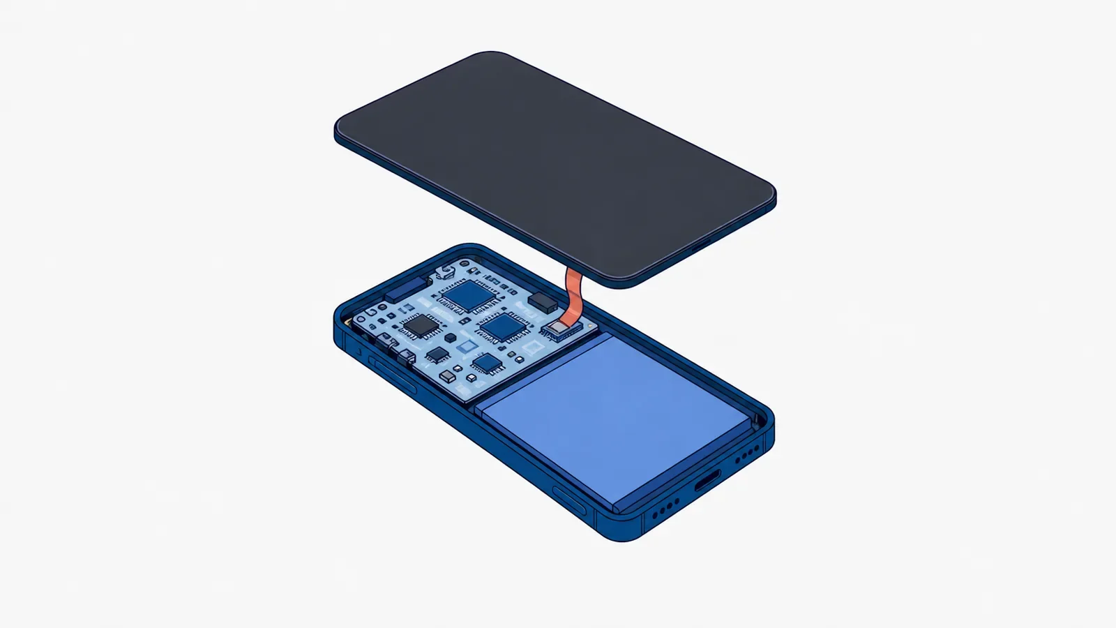 Rozłożony smartfon: cienki ciemny wyświetlacz uniesiony nad otwartą obudową z płytą główną i baterią, połączony z płytą koralową taśmą