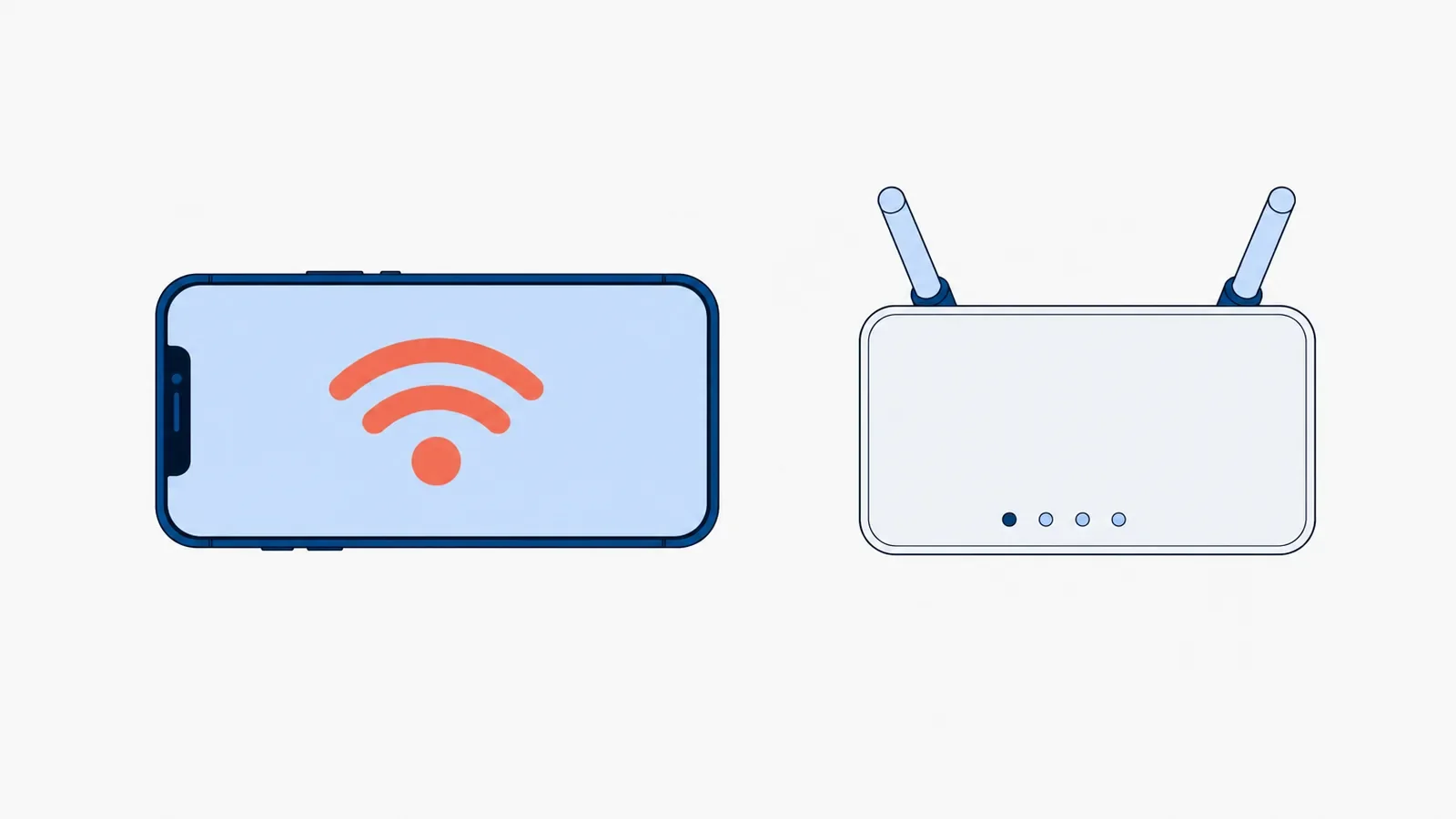 Smartfon leżący na płasko z koralową ikoną WiFi na ekranie, obok domowy router z dwiema antenami