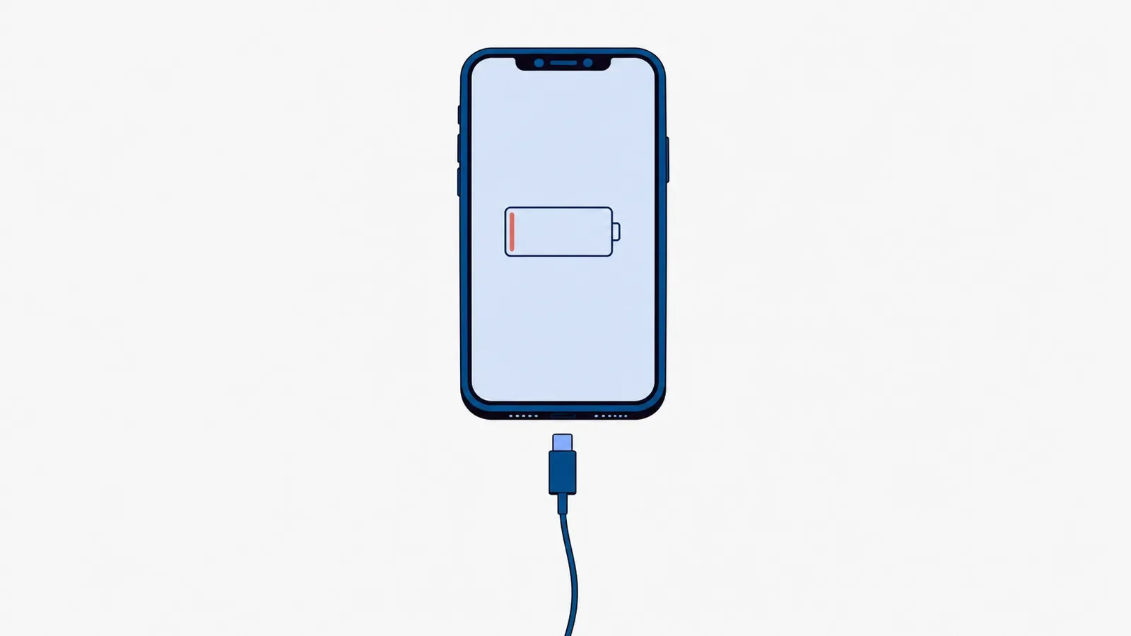 Smartfon leżący ekranem do góry z prawie pustą koralową ikoną baterii, pod nim kabel z wtyczką USB-C niewłożoną do gniazda