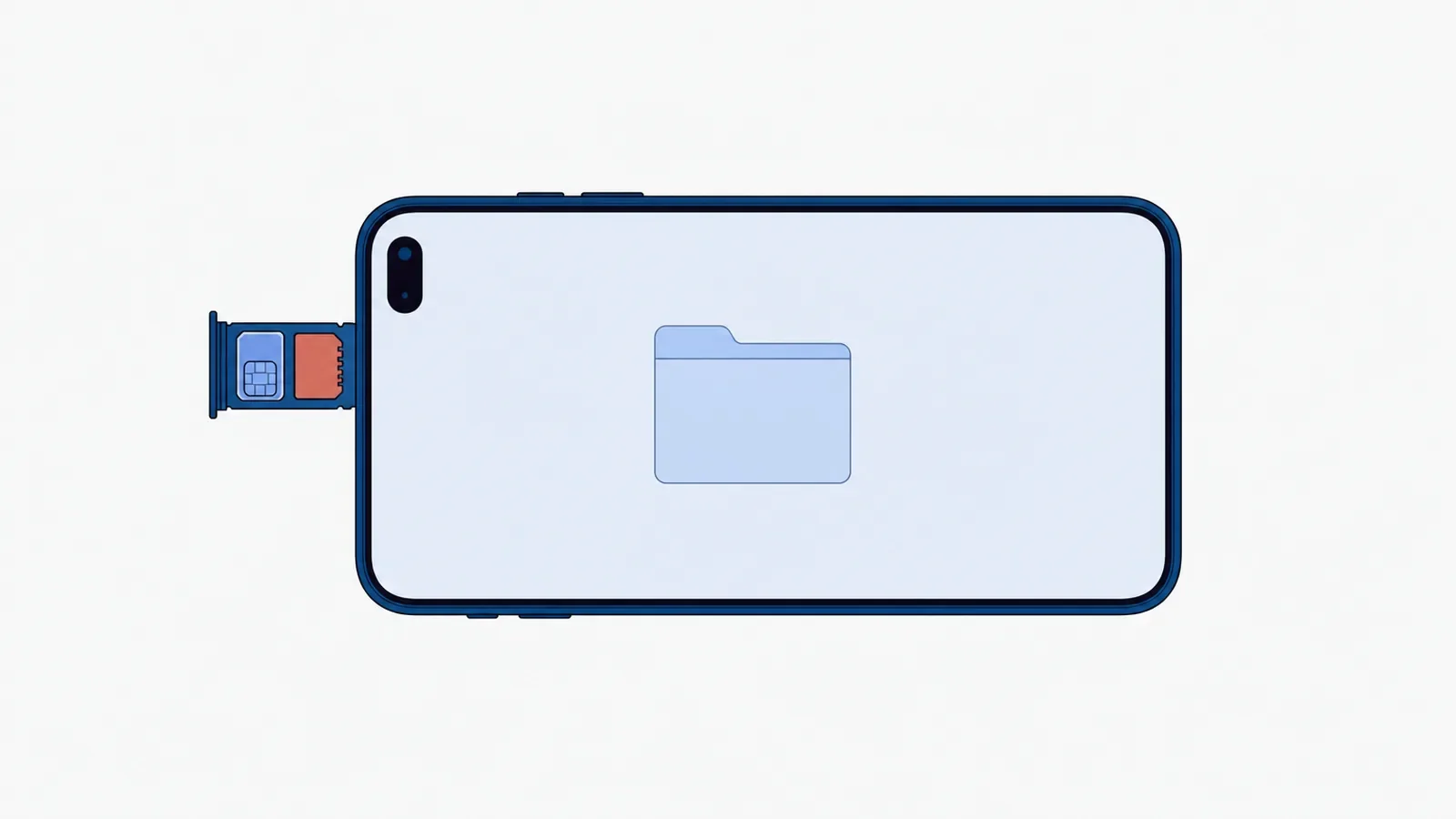Smartfon leżący poziomo ekranem do góry z ikoną folderu na ekranie, z boku wysunięta tacka z kartą nano SIM i koralową kartą microSD