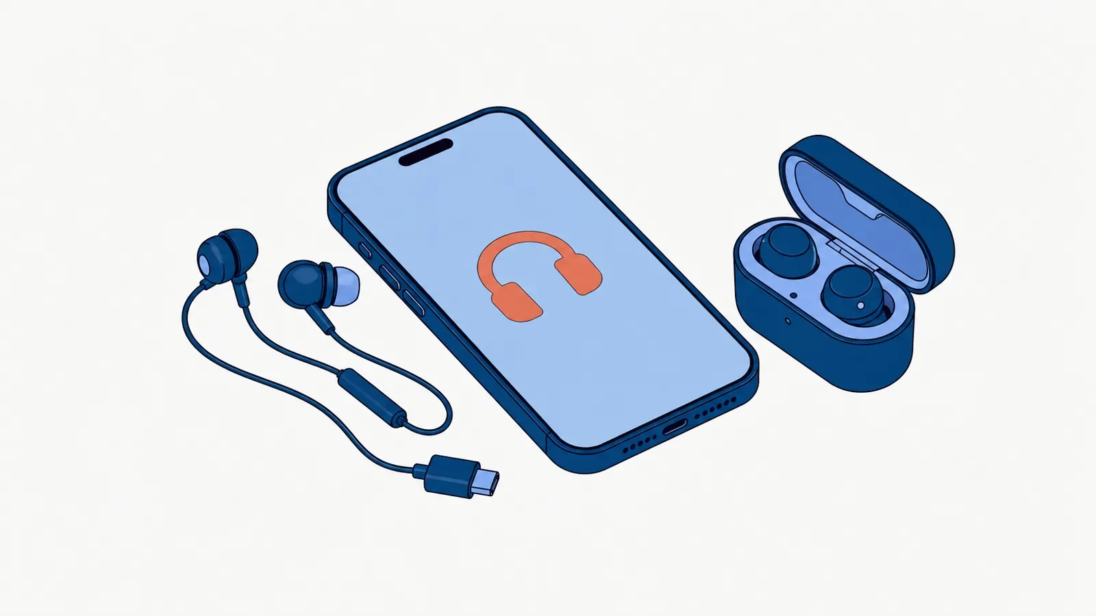 Smartfon z koralową ikoną słuchawek na jasnoniebieskim ekranie, po lewej przewodowe słuchawki douszne z wtyczką USB-C, po prawej otwarte etui z dwiema słuchawkami bezprzewodowymi