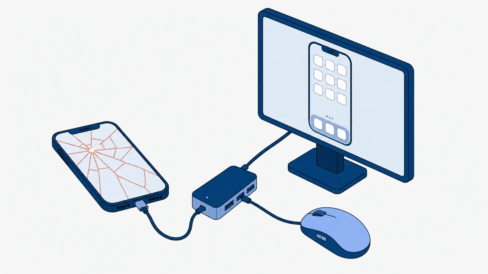 Smartfon z rozbitym ekranem podłączony kablem do huba USB, z którym połączone są monitor pokazujący ekran telefonu i mysz