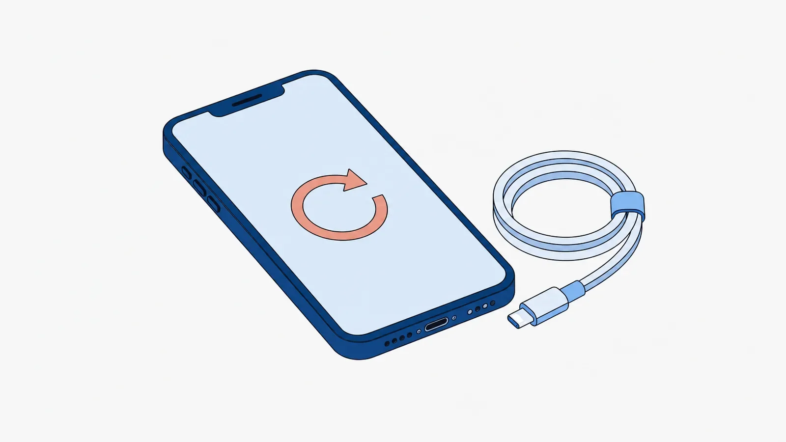 Smartfon leżący na płasko z koralową okrągłą strzałką restartu na ekranie, obok zwinięty kabel do ładowania