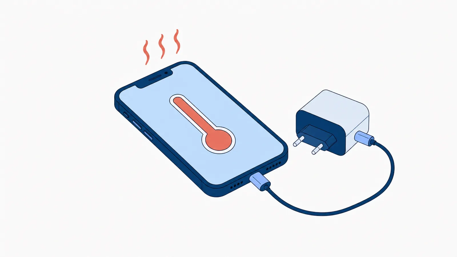 Smartfon podłączony kablem do ładowarki, na ekranie koralowy termometr, nad telefonem koralowe faliste linie ciepła