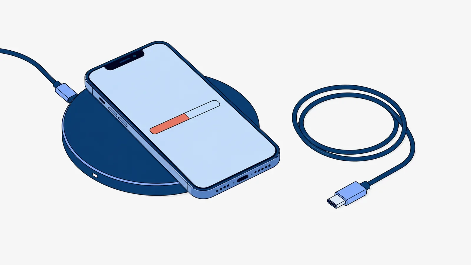 Smartfon leżący na okrągłej ładowarce bezprzewodowej, na ekranie do połowy wypełniony koralowy pasek, obok zwinięty kabel z wolną wtyczką USB-C