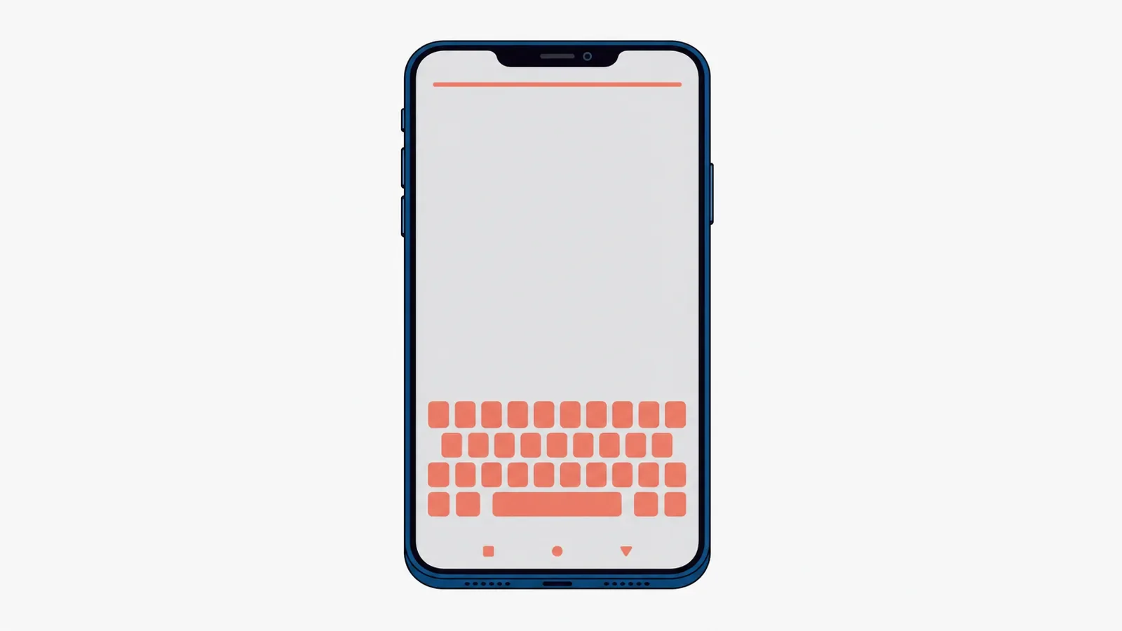 Smartfon z jednolitym jasnoszarym ekranem, na którym widać koralowy ślad paska stanu przy górnej krawędzi, klawiatury w dolnej części i trzech przycisków nawigacji na samym dole