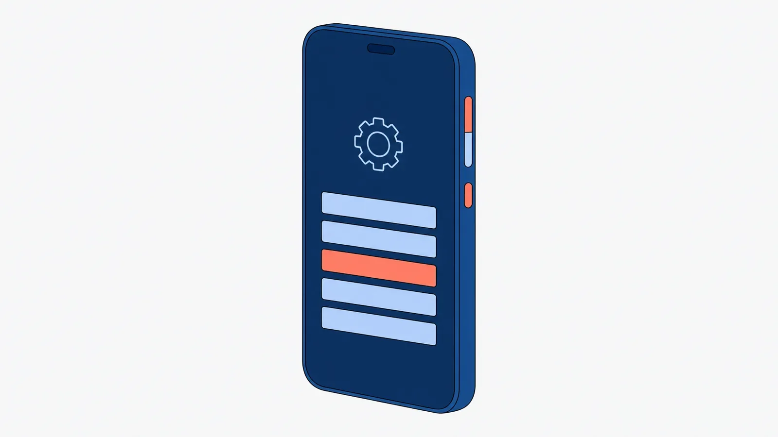 Smartfon z koralowo zaznaczonymi na boku przyciskami głośniej i zasilania, na ekranie ikona koła zębatego i menu z pięcioma paskami, jeden wybrany