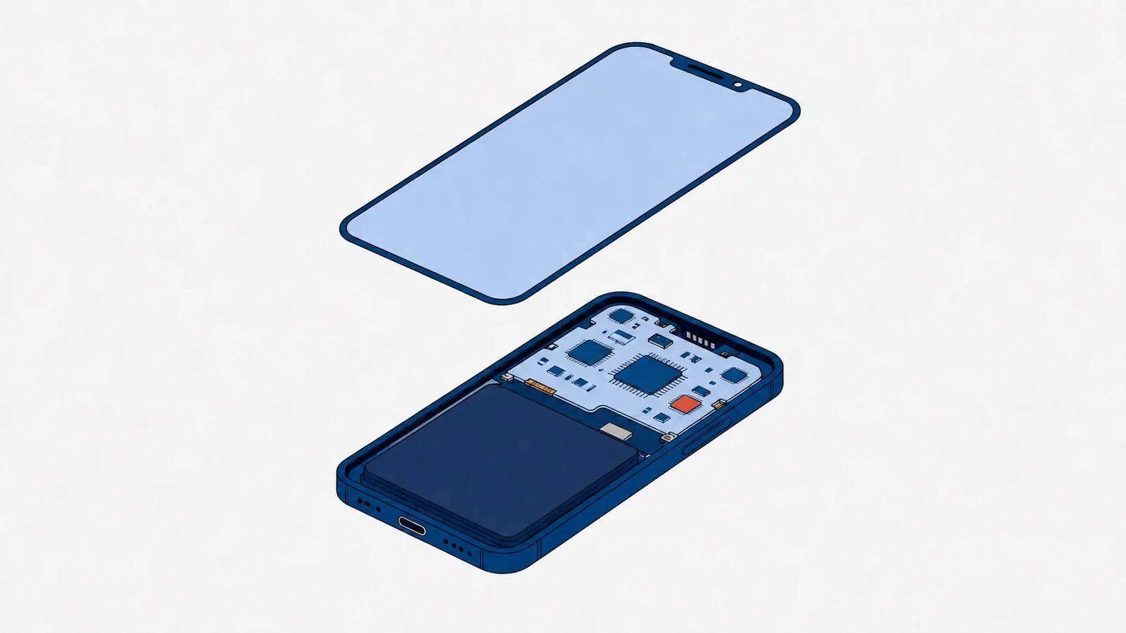 Smartfon rozłożony na dwie części: na dole obudowa z baterią i płytą główną, na której jeden układ jest wyróżniony na koralowo, nad nią zdjęty wyświetlacz