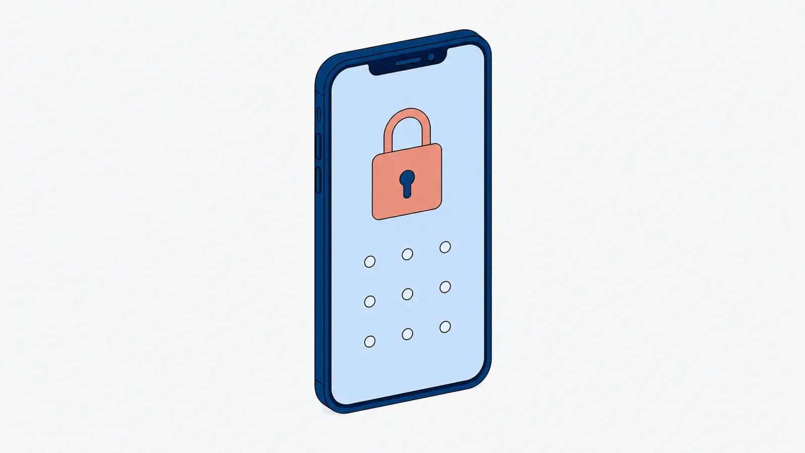 Smartfon z ekranem blokady: duża zamknięta kłódka nad siatką dziewięciu punktów do wzoru odblokowania