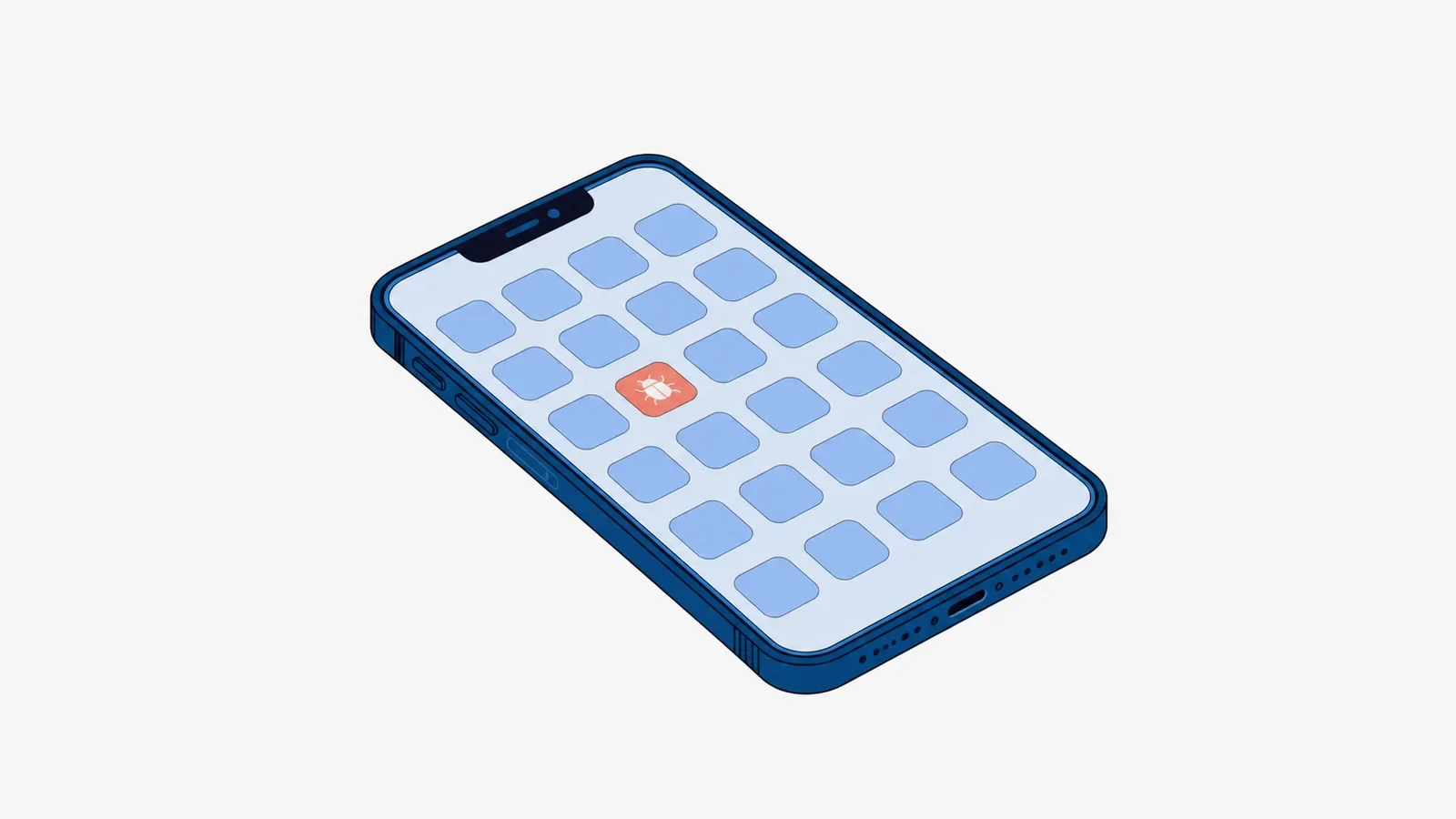 Smartfon leżący ekranem do góry, na ekranie równa siatka jasnoniebieskich ikon aplikacji, a wśród nich jedna koralowa ikona z białym robakiem