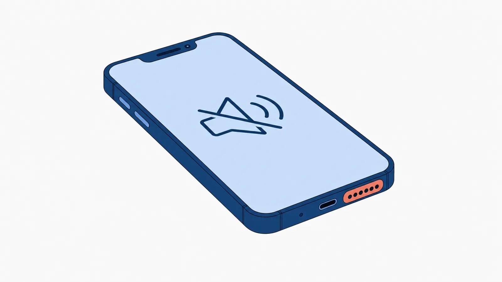 Smartfon leżący ekranem do góry z ikoną wyciszonego głośnika na ekranie i wyróżnionymi otworami dolnego głośnika obok gniazda ładowania