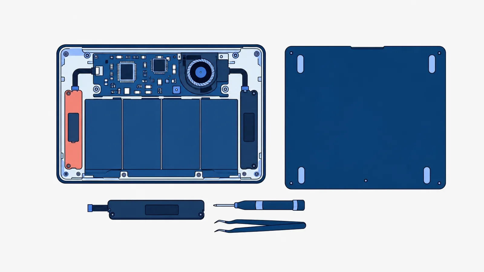 Laptop leżący spodem do góry ze zdjętą dolną pokrywą obok: w środku płyta główna, wentylator, bateria z czterech ogniw i dwa podłużne głośniki po bokach, lewy wyróżniony jako uszkodzony, a pod spodem nowy głośnik z taśmą, wkrętak i pęseta