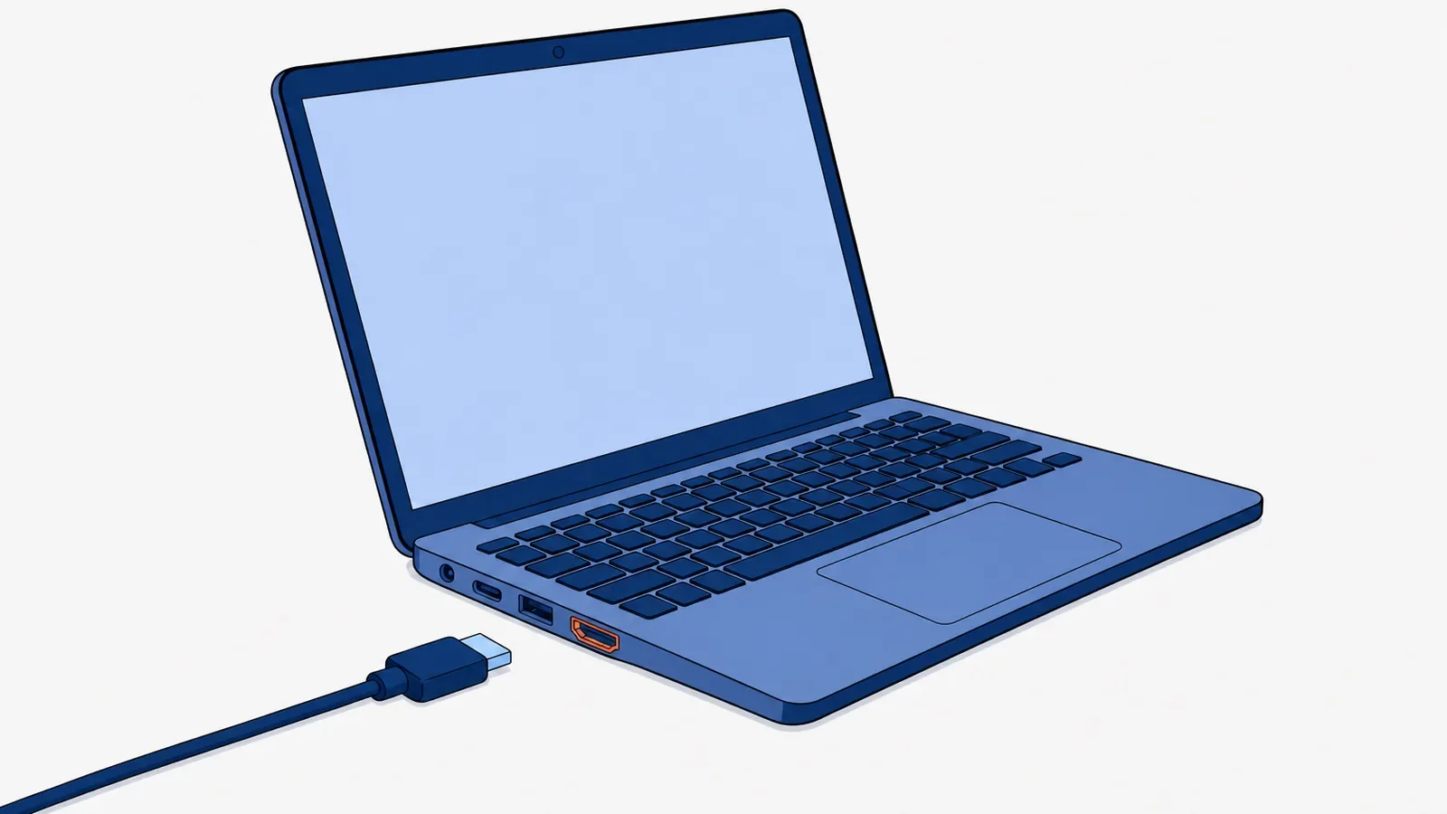 Otwarty laptop widziany z boku z rzędem gniazd: zasilania, USB-C, USB-A i HDMI, gniazdo HDMI wyróżnione jako uszkodzone, przed laptopem leży kabel HDMI