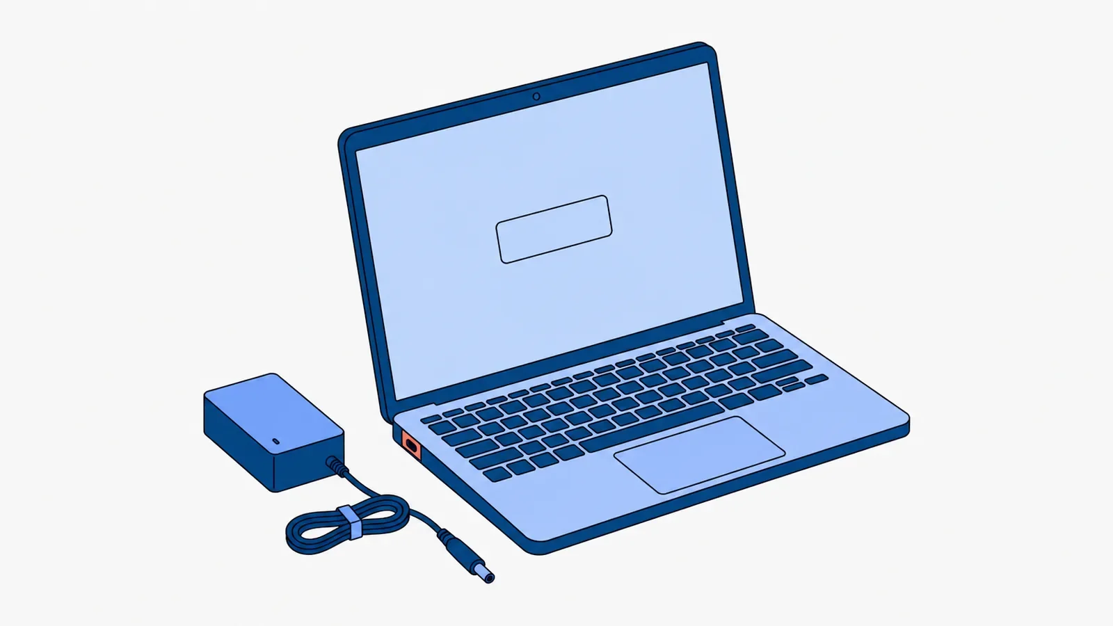Otwarty laptop z wyróżnionym gniazdem zasilania na lewym boku obudowy, obok zasilacz z kablem zakończonym okrągłą wtyczką