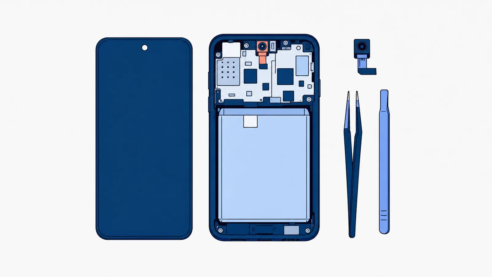 Otwarty smartfon bez ekranu z wyróżnionym modułem przedniej kamery u góry obudowy, z lewej zdjęty ekran z otworem na kamerę, z prawej nowa kamera, pęseta i plastikowa łopatka