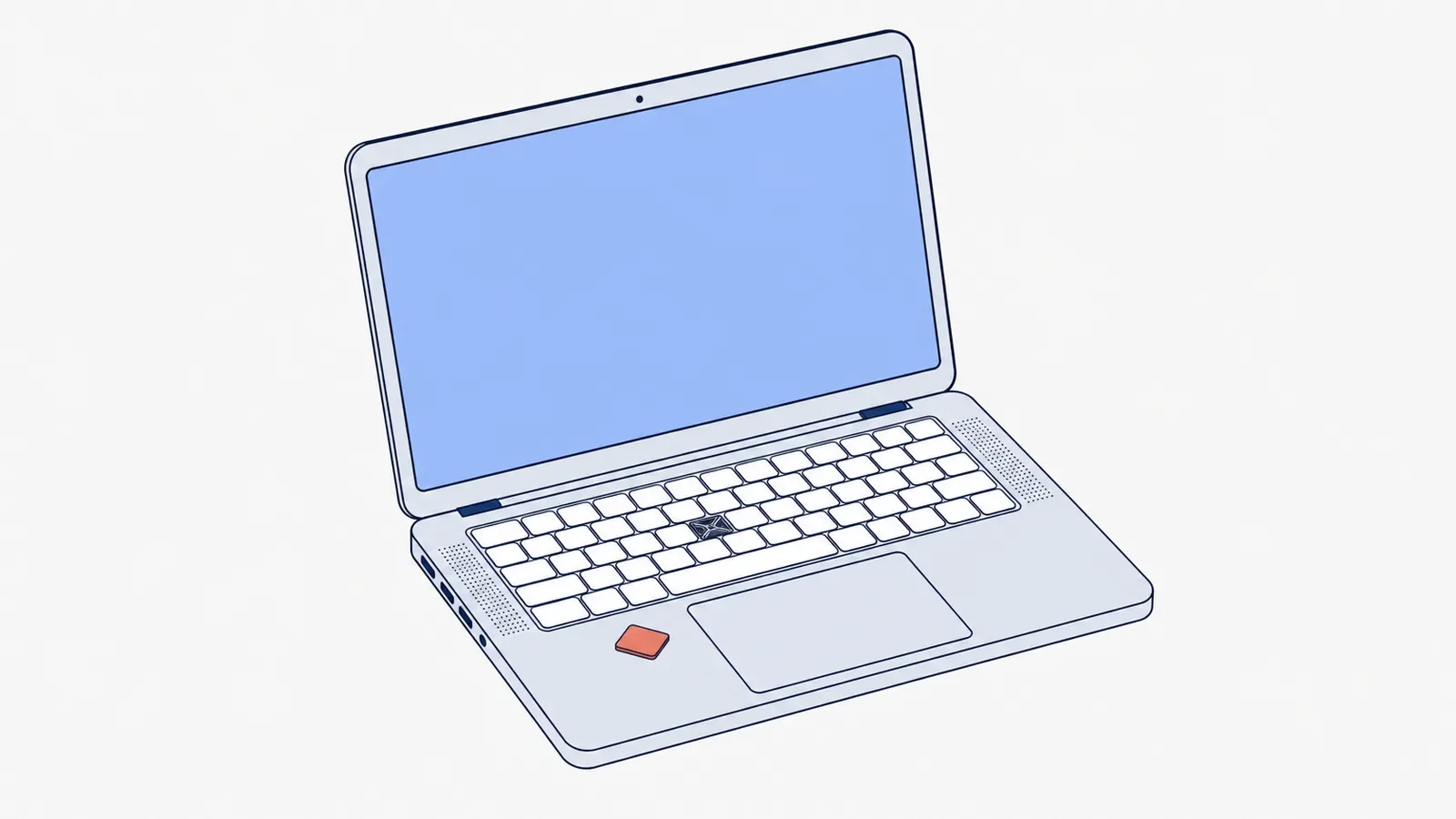 Otwarty laptop z jednym brakującym klawiszem w środkowym rzędzie, w pustym miejscu widać mały mechanizm, a odpadnięty koralowy klawisz leży na podpórce pod nadgarstki obok touchpada