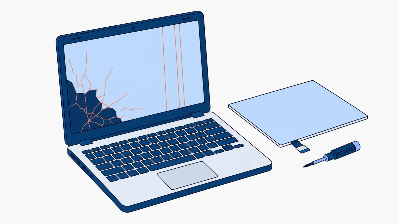 Otwarty laptop z pękniętym lewym dolnym rogiem ekranu, ciemną plamą rozlewającą się od pęknięcia i trzema pionowymi pasami po prawej stronie, obok nowa matryca z krótką taśmą i wkrętak