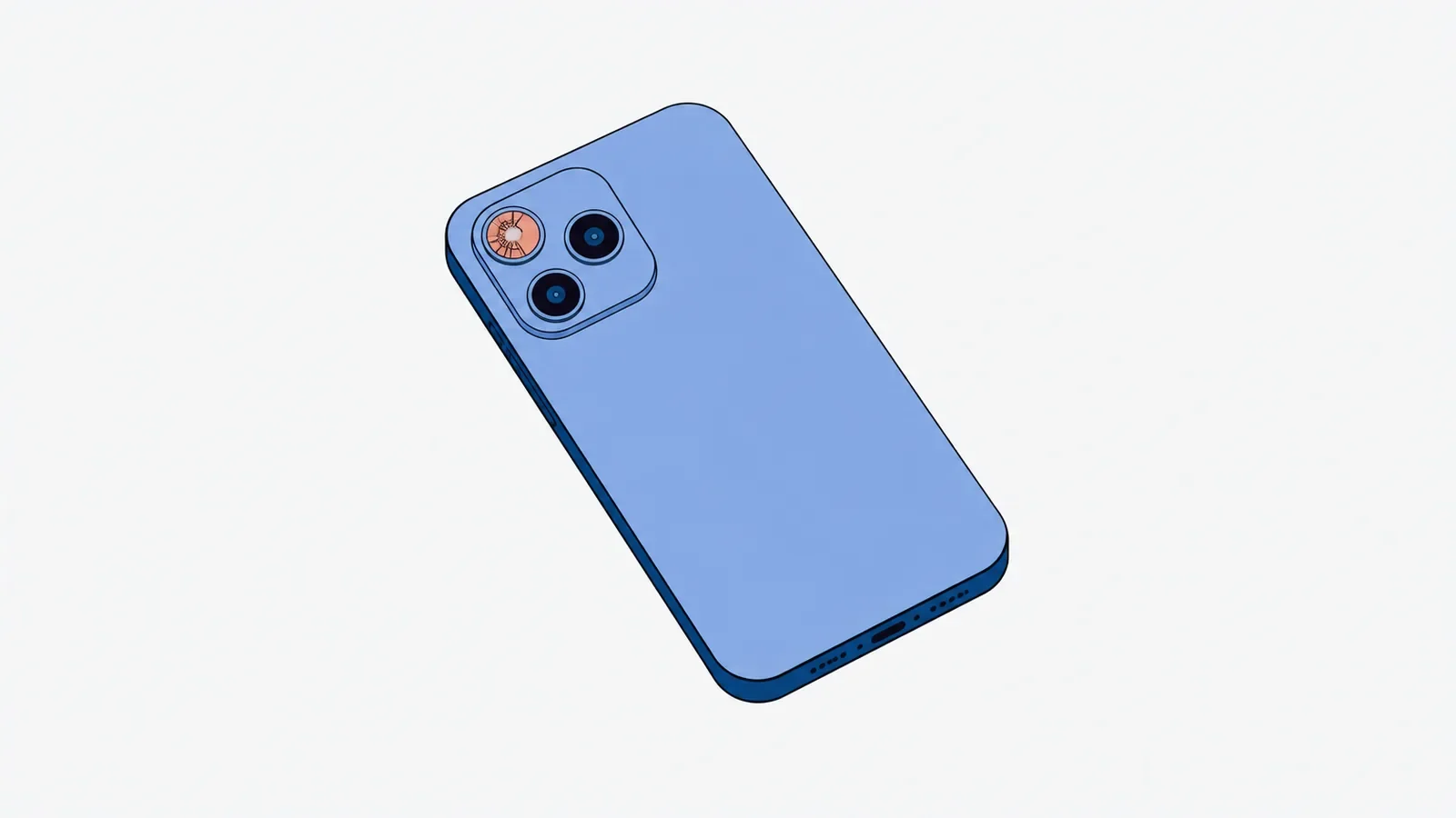 Smartfon leżący tyłem, z wyspą trzech aparatów, w której pękło szkiełko jednego obiektywu